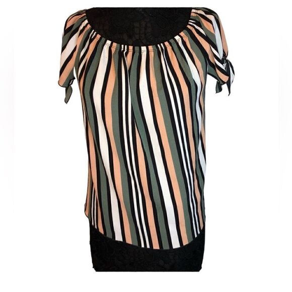 FREE KISSES Women’s Stripe Top Blouse Green Mauve Orange Black White Size: L - Picture 2 of 4